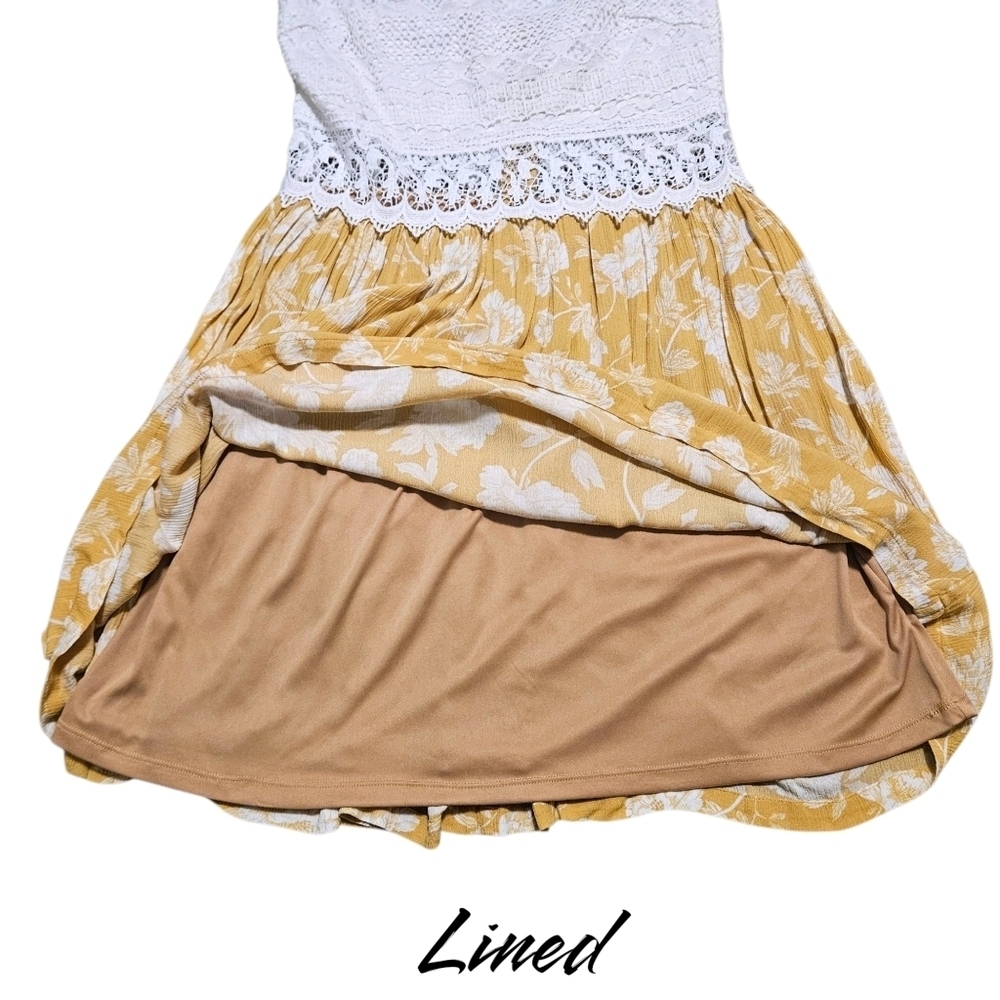 Wmns Crochet & Yellow Floral Sundress Sz LG Lace Cutout Feminine Coquette Boho - Picture 11 of 16